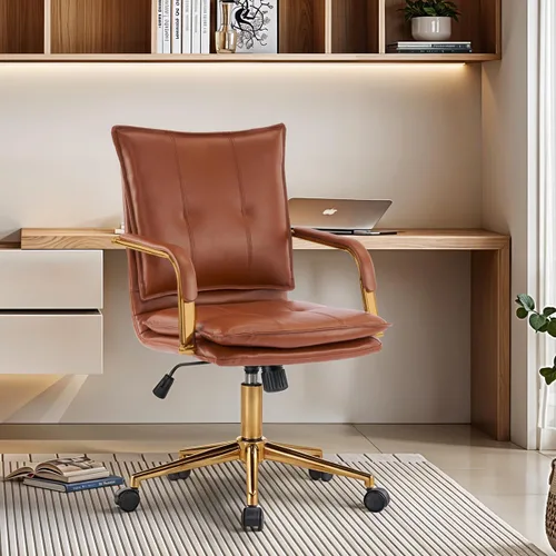 Vista 11 de MOJAY Silla de escritorio ergonómica de cuero con respaldo medio, moderna silla tapizada para computadora, silla de oficina ejecutiva con brazos