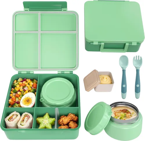 Vista 9 de Lonchera para niños con lonchera Bento con tarro de comida de 9 onzas, color negro Contenedor de almuerzo escolar a prueba de fugas de 4 azul
