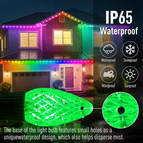 Vista 4 de Luces de Navidad Inteligentes C9 para Exteriores, 134 Pies 150 Luces LED C9 en Cadena Control por Aplicación, 105 Modos de Luz, Impermeables