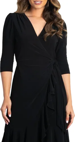 Vista 2 de Kiyonna Vestido midi de talla extra con volantes caprichosos y mangas - Para cóctel, fiesta, invitada a la boda o trabajo Negro (Black Noir)
