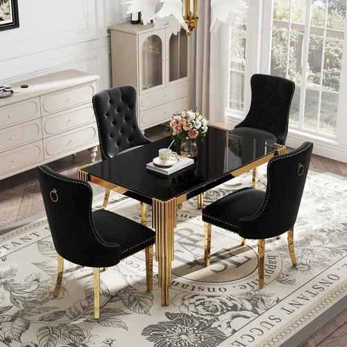 Vista 34 de Juego de mesa de comedor de cristal de 5 piezas para 4, mesa de cocina cuadrada de 37 pulgadas con 4 sillas tapizadas de terciopelo negro, mesa