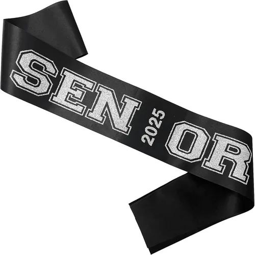 Vista 2 de Senior Sash 2025, bandas negras, paquete de 10 con letras plateadas con purpurina, bandas para celebraciones de graduación de clase 2025
