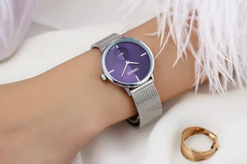 Vista 2 de MASTOP Reloj de pulsera con correa de malla tejida de acero inoxidable plateado para mujer, diseño simple analógico, reloj de cuarzo