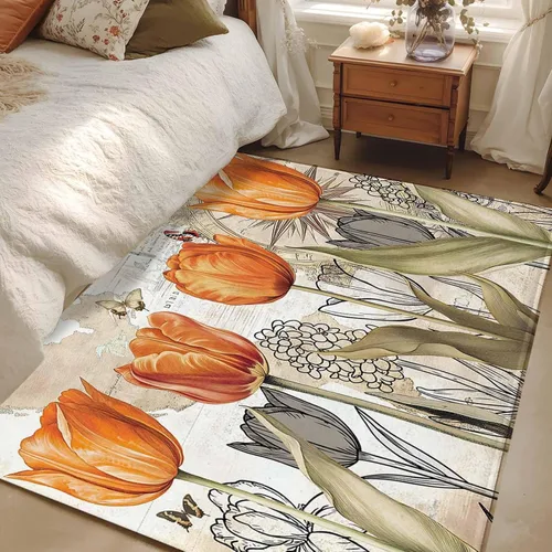 Vista 11 de 2x3 Area Rugs, Orange Flower Non Slip Area Rugs for Living Room, Bedroom, Barhroom, Entryway, Watercolor Retro Tulip Floral Butterfly Soft Kitchen