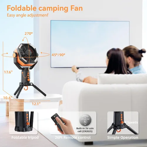 Vista 4 de MORIKO Trípode de ventiladores de mesa, 20000 mAh, recargable, funciona con pilas, ventilador portátil para tienda de campaña con linterna LED