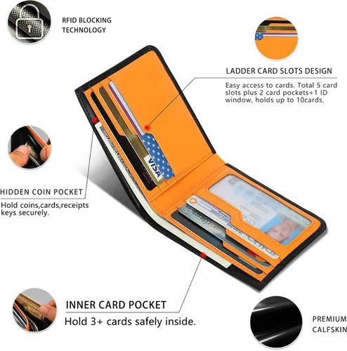 Vista 2 de Billeteras delgadas de piel de becerro para hombres con bloqueo RFID, bolsillo frontal de cuero, billetera minimalista plegable de fácil acceso