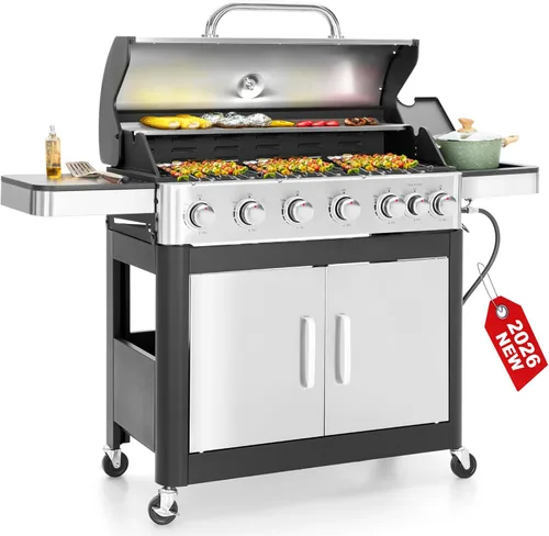Vista 10 de GREEN PARTY - Parrilla de gas para barbacoa de 4 quemadores con propano, quemador lateral y rejillas de hierro fundido esmaltadas en porcelana, área