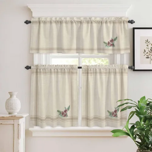 Vista 4 de Juego de 3 cortinas de cocina de piñas de Navidad, cenefa y bolsillo para barra, juego de cortinas rústicas retro a rayas francesas para cocina