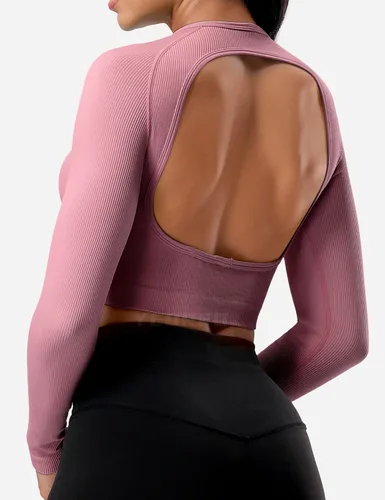 Vista 5 de YEOREO Janelle - Camiseta de manga larga acanalada con espalda abierta para mujer, camiseta deportiva para entrenamiento, yoga, gimnasio