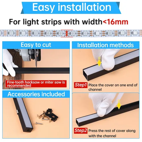 Vista 5 de Muzata Paquete de 10 unidades de 6.6 pies/6.6 ft con sistema de canal LED negro en forma de U con cubierta de difusor blanco lechoso esmerilado