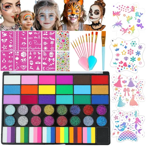 Vista 9 de Face Painting Kit, 12 Split Cake Face Paint Palette Makeup Kit Non-Toxic Water Activated with Brush, Sponge for Party Halloween (12 Split Cakes)