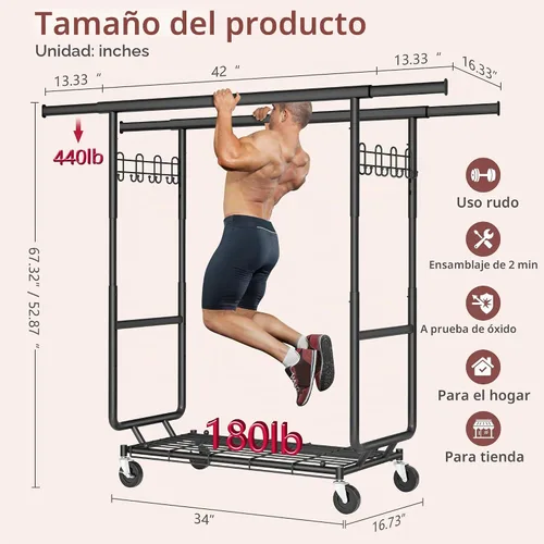 Vista 9 de Hoctieon Perchero de doble varilla de montaje en 2 minutos, estante resistente para ropa con ruedas, plegable para uso comercial, barra extensible