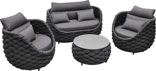 Vista 10 de Juego de muebles de mimbre de aluminio, 4 piezas, color gris Gris oscuro