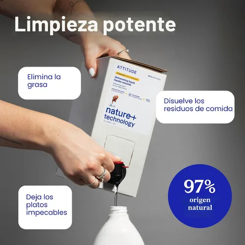 Vista 3 de ATTITUDE Jabón para platos, verificado por EWG, líquido para lavar platos a base de plantas y vegano, derivado de forma natural, ralladura