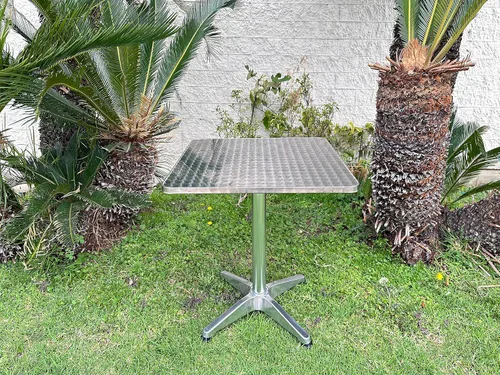 Vista 8 de BTEXPERT Mesa cuadrada de restaurante para interiores y exteriores, 23.75 pulgadas, muebles de aluminio plateado de acero inoxidable con base