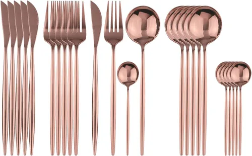 Vista 18 de Juego de cubiertos negros de acero inoxidable de 24 piezas, servicio para 6, vajilla pulida con espejo, cuchillo tenedor y cuchara para el hogar