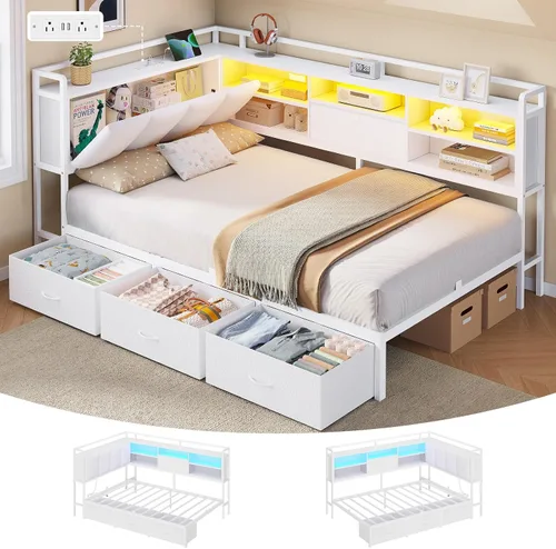 Vista 11 de Estructura de cama de esquina completa con 4 cajones, estantería y cabecero Negro