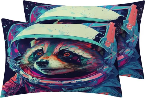 Vista 2 de Funda de edredón de mapache astronauta, tamaño individual, juego de ropa de cama de animales espaciales de fantasía, 2 piezas, funda de edredón