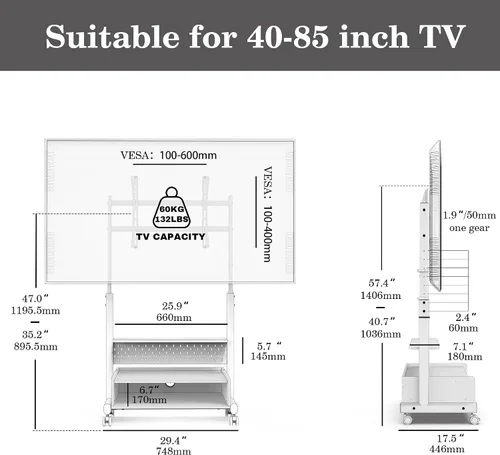 Vista 5 de FITUEYES Soporte de suelo de TV rodante para televisores de 40 a 85 pulgadas, soporte de TV móvil resistente con ruedas con cerradura, carrito de TV