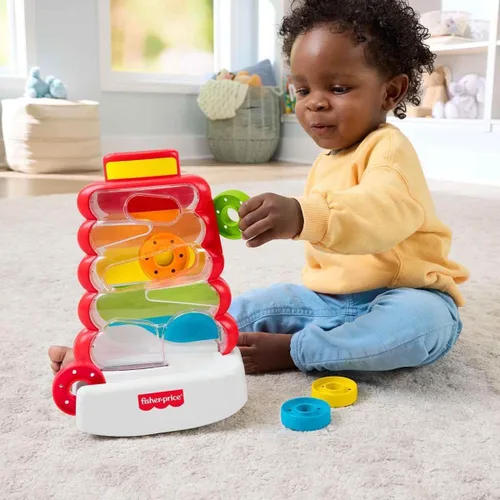 Vista 2 de Fisher-Price Juguete para bebé y niño pequeño Rock-a-Stack, actividad de caída de monedas para el juego de desarrollo de bebés de 9+ meses