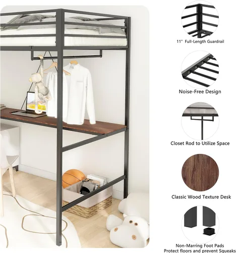 Vista 5 de Cama tipo loft de metal individual con escalera y rieles de protección de alta seguridad, cama loft moderna multifuncional para niños, adolescentes