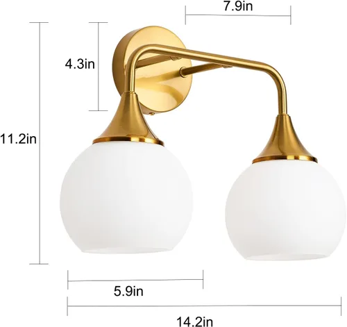 Vista 3 de Lámparas doradas de baño con 2 luces de tocador con pantalla de vidrio blanco leche, luces de tocador para baño, aplique de pared moderno para baño