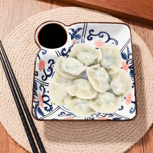 Vista 3 de Juego de 2 platos de cerámica de Gyoza de 7.1 pulgadas con plato de vinagre (color B)