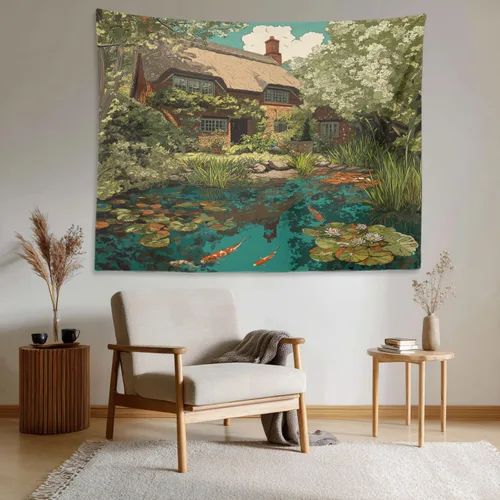 Vista 3 de Shrahala Peaceful Retreat Charming Abode Tapestry, Verdant Landscape Water Wall Hanging Hd Print Polyester Backdrop For Dorm Room Bedroom 30 X 40 In