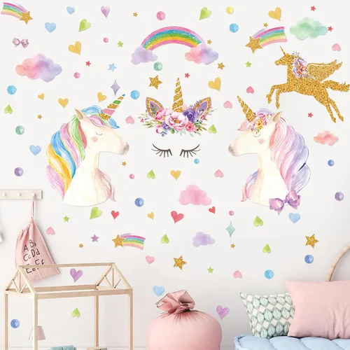 Vista 2 de Calcomanías de pared con estrellas que brillan en la oscuridad, calcomanías murales de unicornio brillantes con flores de arco iris, corazón, nubes