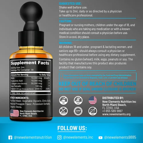 Vista 3 de Biotina líquida para el crecimiento del cabello mujeres y hombres 10000mcg Suplementos de biotina y colágeno con palma enana americana y ácido