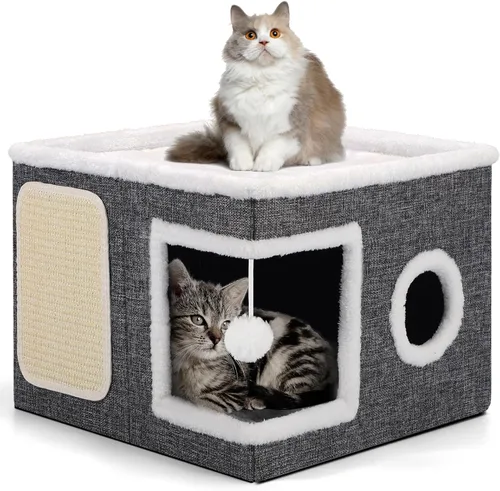 Vista 19 de Casa de Gato de 2 Pisos para Gatos de Interior, Separable en 2 Grandes Camas de Gato Cueva con Condominios Escondidos, Almohadillas para Rascar