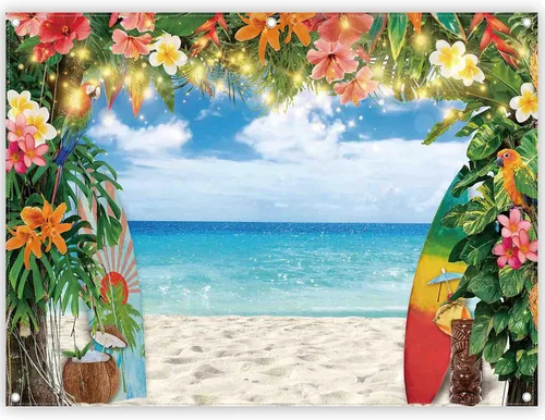 Vista 8 de Telón de fondo de fotografía de playa hawaiana de verano de 7 x 5 pies, flores tropicales, hojas de palma, fondo de tabla de surf, decoración