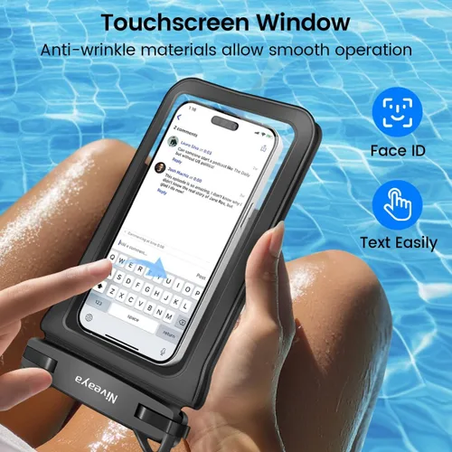 Vista 5 de Niveaya Bolsa impermeable para teléfono con doble espacio - 2 unidades, funda impermeable con cordón para iPhone 16/15/14/13/12 Pro Max hasta 8.3
