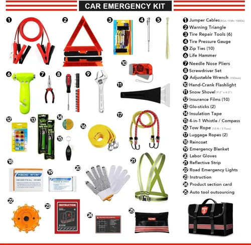 Vista 3 de Kit de emergencia para automóvil (126 piezas), regalo para padre, mujer, amigo, esencial de asistencia en carretera de primera calidad con cables