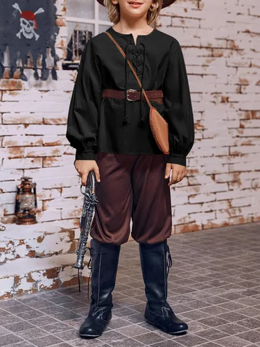 Vista 4 de Makkrom Camisa de disfraces para niño, medieval, renacentista, Halloween, jacobita escocés, Ghillie, con cordones, para niños de 5 a 14 años