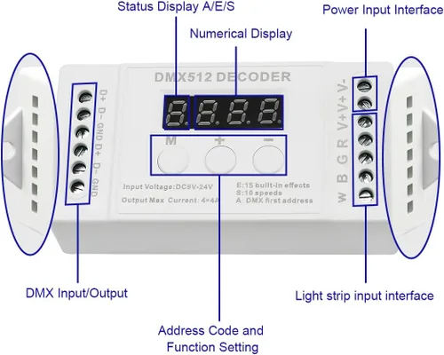 Vista 2 de AKEPO Mini decodificador de pantalla digital DMX de 4 canales, controlador DMX512 para luces LED RGBW DC9-24V 4A/CH con 15 efectos integrados
