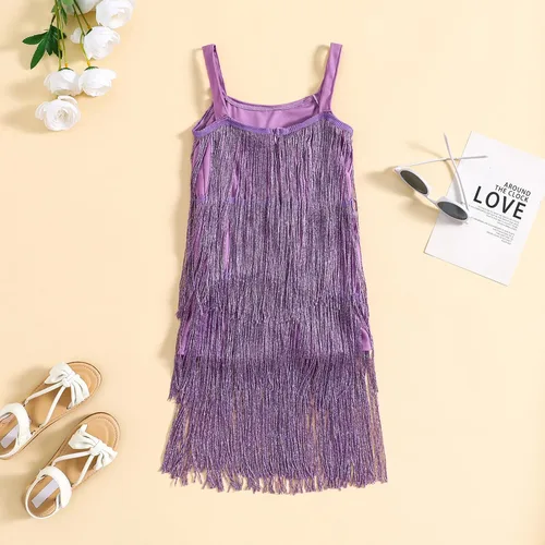 Vista 7 de WALLARENEAR Vestido de lentejuelas para niños, vestido sin mangas con borlas brillantes, vestido de baile latino para fiesta, vestido de baile