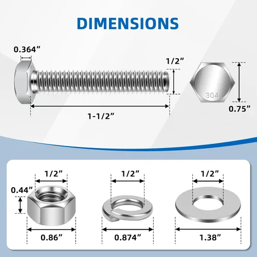Vista 2 de Mellewell Pernos de cabeza hexagonal de 1/2-13 x 1-1/2 pulgadas con tuercas hexagonales y arandelas planas gruesas y de seguridad, totalmente