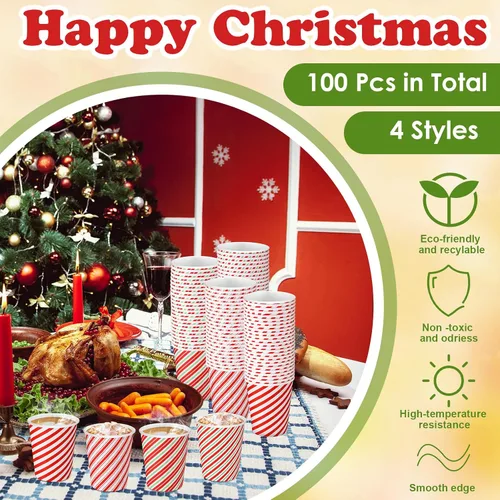 Vista 5 de Hushee 100 piezas de tazas de papel desechables elegantes de Navidad - Tazas festivas de 9 oz con rayas de bastón de caramelo para chocolate