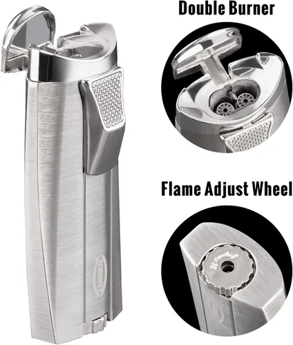 Vista 3 de Cobber Antorcha recargable y resistente al viento doble llama de chorro de butano encendedor para hombres ideas de regalo (plata)