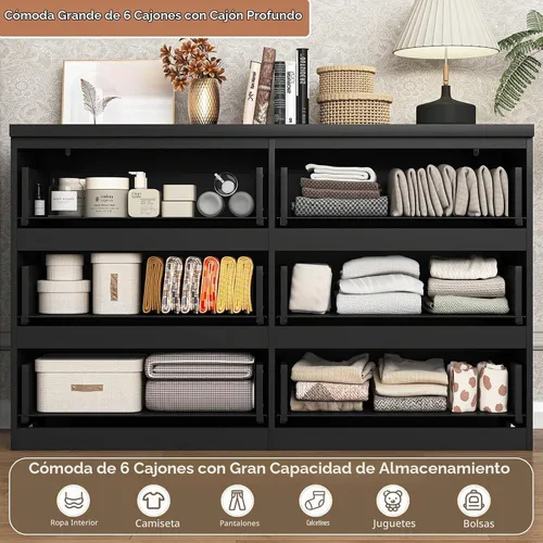 Vista 4 de Cómoda negra de 6 cajones para dormitorio, cómoda de cajones profundos moderna con diseño sin tirador, cómoda de almacenamiento con cajones, mueble