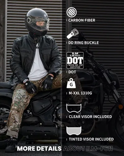 Vista 5 de ILM Cascos de motocicleta ligeros de fibra de carbono, casco retro de cara completa para hombres y mujeres, Cascos para Motos DOT modelo F611