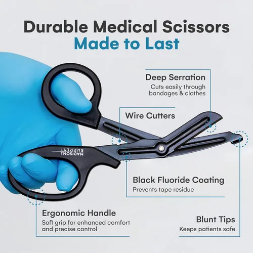 Vista 5 de Madison Supply Tijeras de enfermera de acero inoxidable de alta calidad de 7.5 pulgadas - Cuchillas revestidas antiadherentes Tijeras médicas