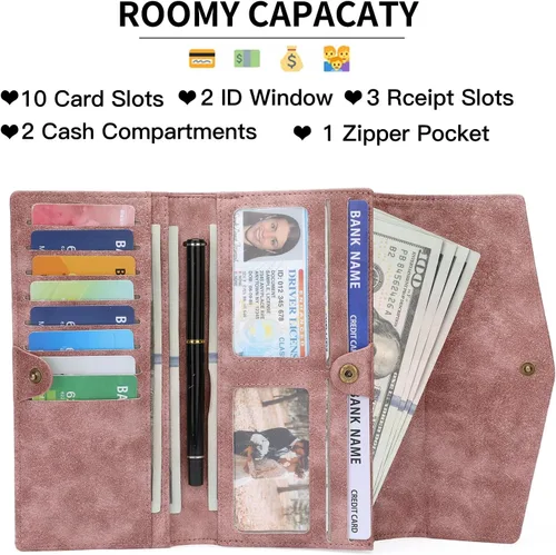 Vista 3 de GOIACII Cartera de mujer con bloqueo RFID para tarjetas de crédito, monedero con cremallera y bolsillo para monedas, flor en relieve, color rosa