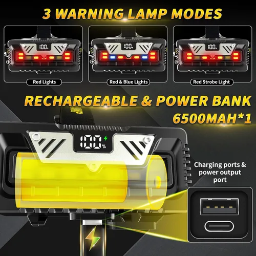 Vista 2 de Linterna frontal recargable, 3500 lm súper brillante con pantalla digital y 9 modos de iluminación, incluye luz roja para visión nocturna, funciona
