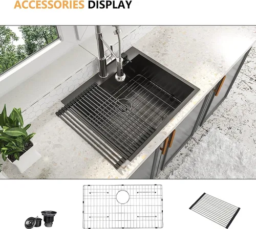 Vista 2 de Fregadero de cocina de 25 pulgadas, fregadero de un solo cuenco, color negro mate, calibre 18, 25 x 22 pulgadas, acero inoxidable, montaje superior