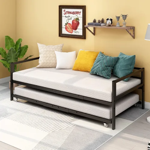 Vista 3 de HOMERECOMMEND Sofá cama de metal de tamaño individual con nido y listones de metal resistente, soporte para sofá cama, plataforma doble, base
