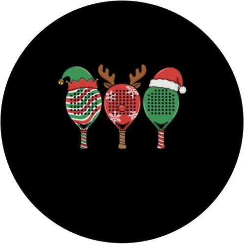 Vista 3 de Linda raqueta de pádel de Navidad, trío de elfos, renos, Papá Noel, PopSockets Adhesivo PopGrip