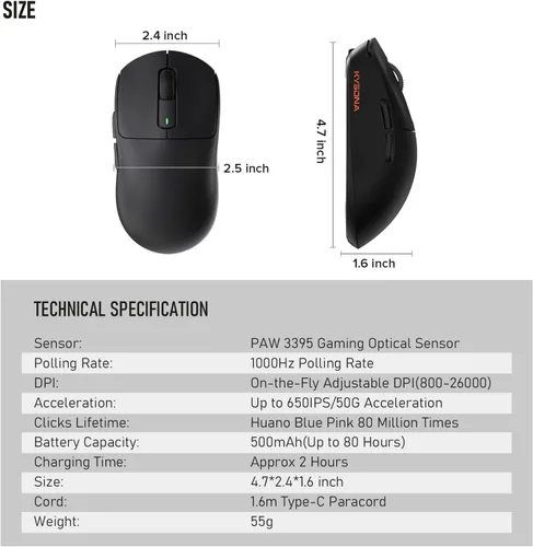 Vista 5 de Ratón inalámbrico para juegos ultraligero de 1.94 oz, sensor sin retraso 3395, 26K DPI, batería de 80 horas de duración, 6 botones programables