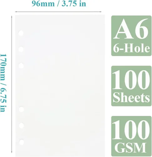 Vista 2 de Papel de repuesto A6 en blanco, 100 hojas/200 páginas, hojas sueltas para carpetas personales Filofax, 6 agujeros perforados, páginas blancas